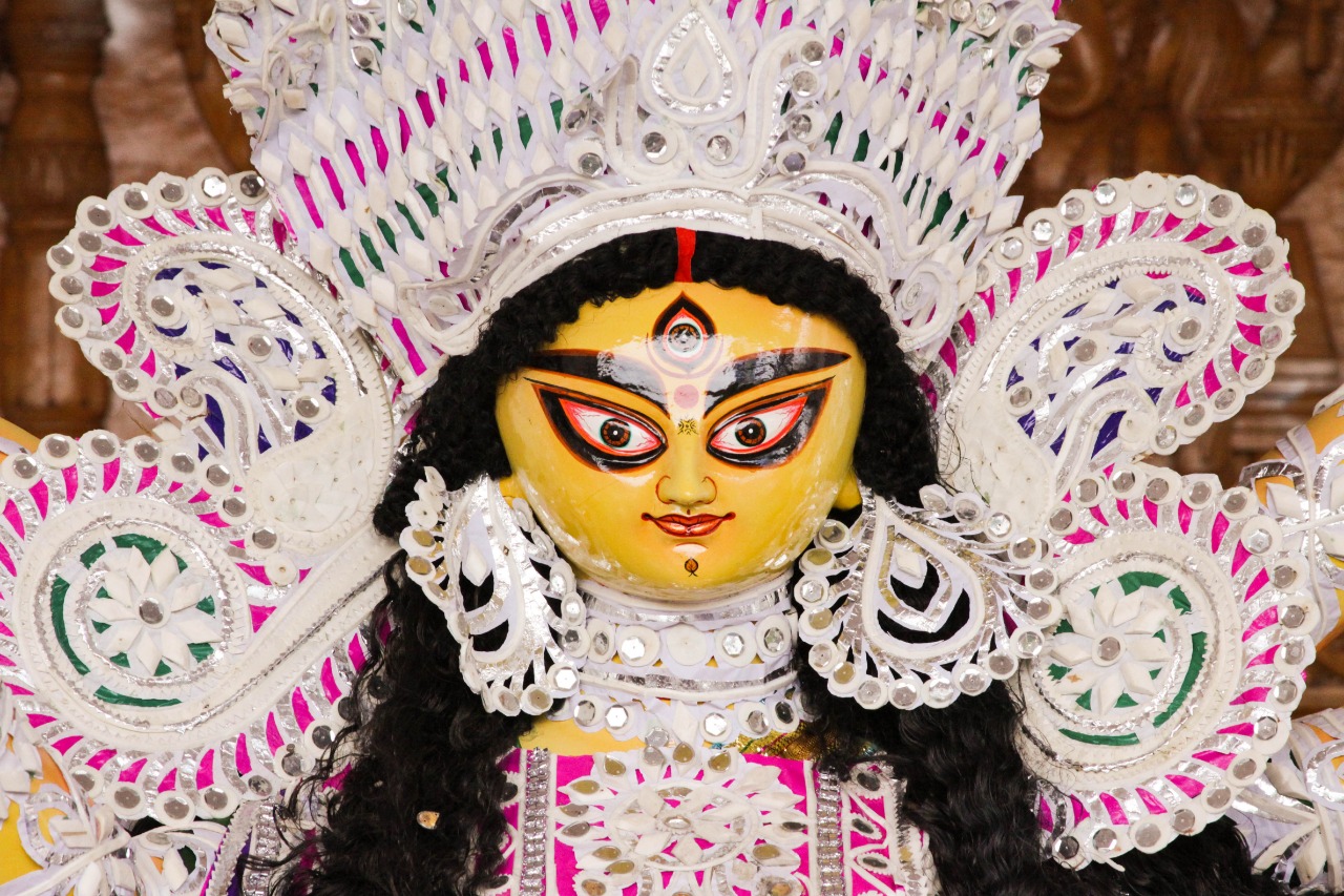 Durga idol decorated with flowers